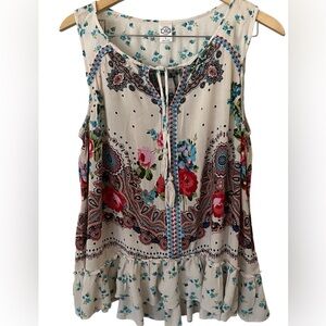Bila Cream Top Tunic with Multicolor Floral Print Sleeveless Boho L